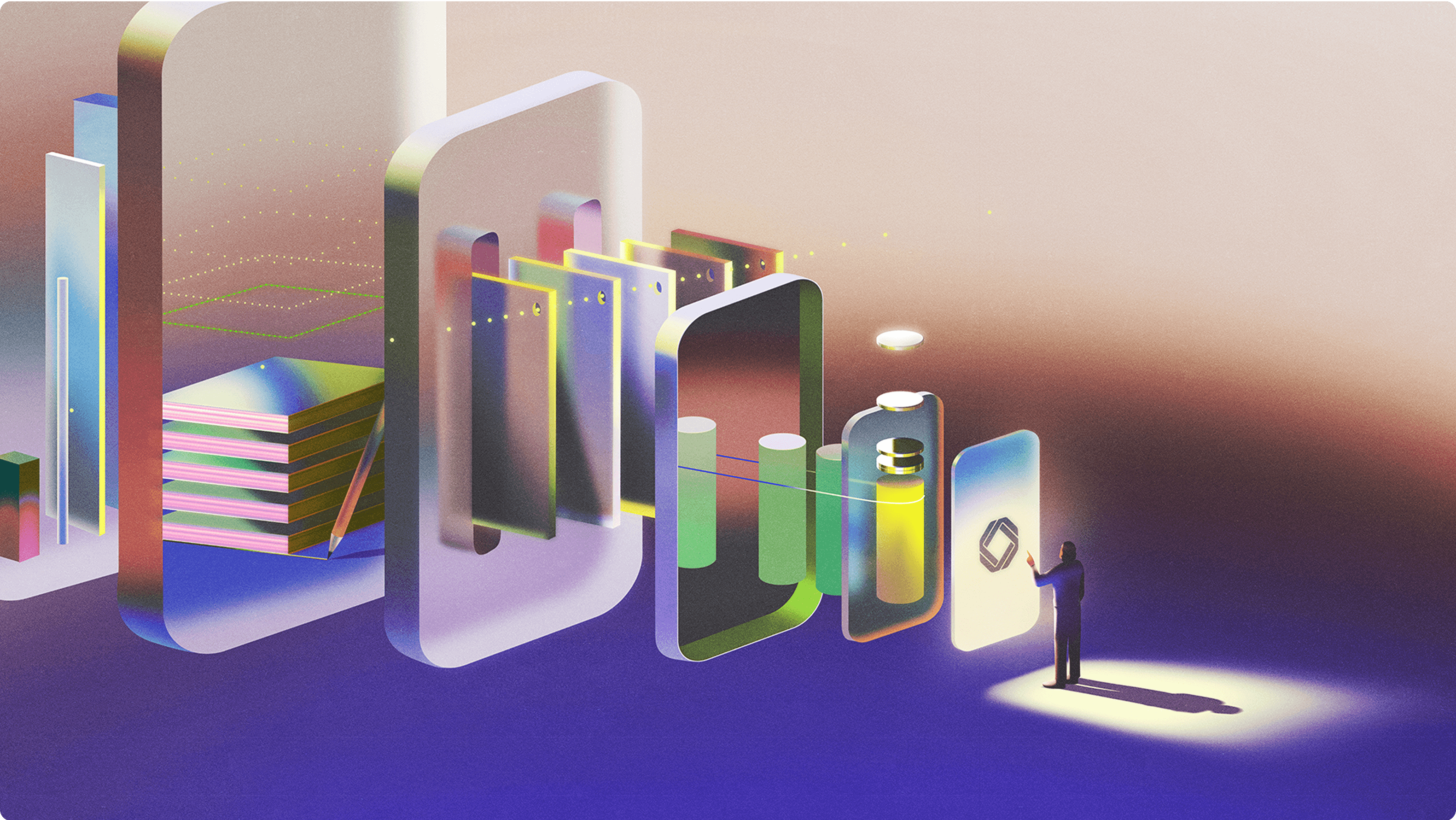 Illustration of an exploded view of different screens and graphs, with a person clicking on the Cointracker logo on the first screen, standing a spotlight.